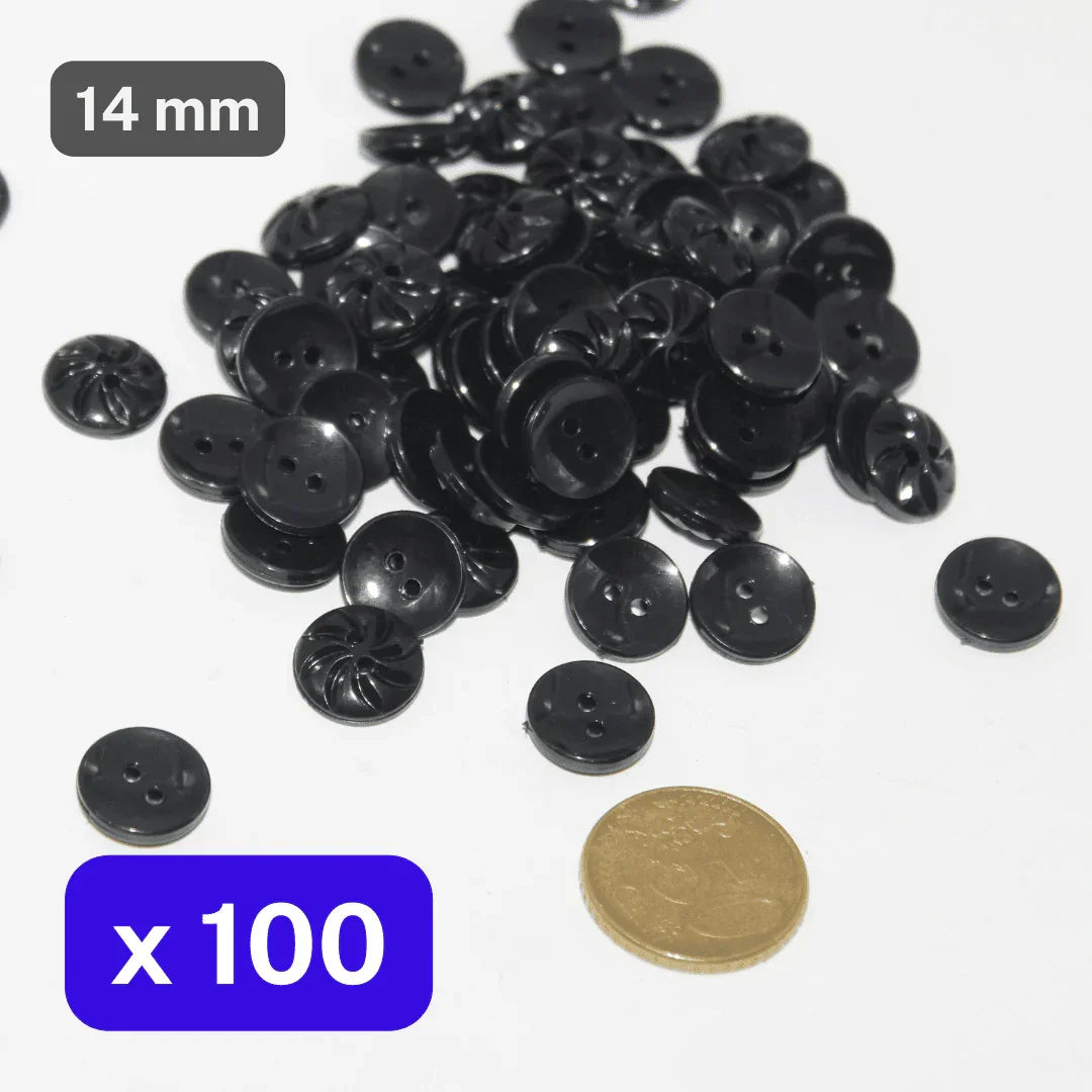 100 Pieces Black Nylon Buttons 2 Holes Size 14MM #KN2500022 - ACCESSOIRES LEDUC BV