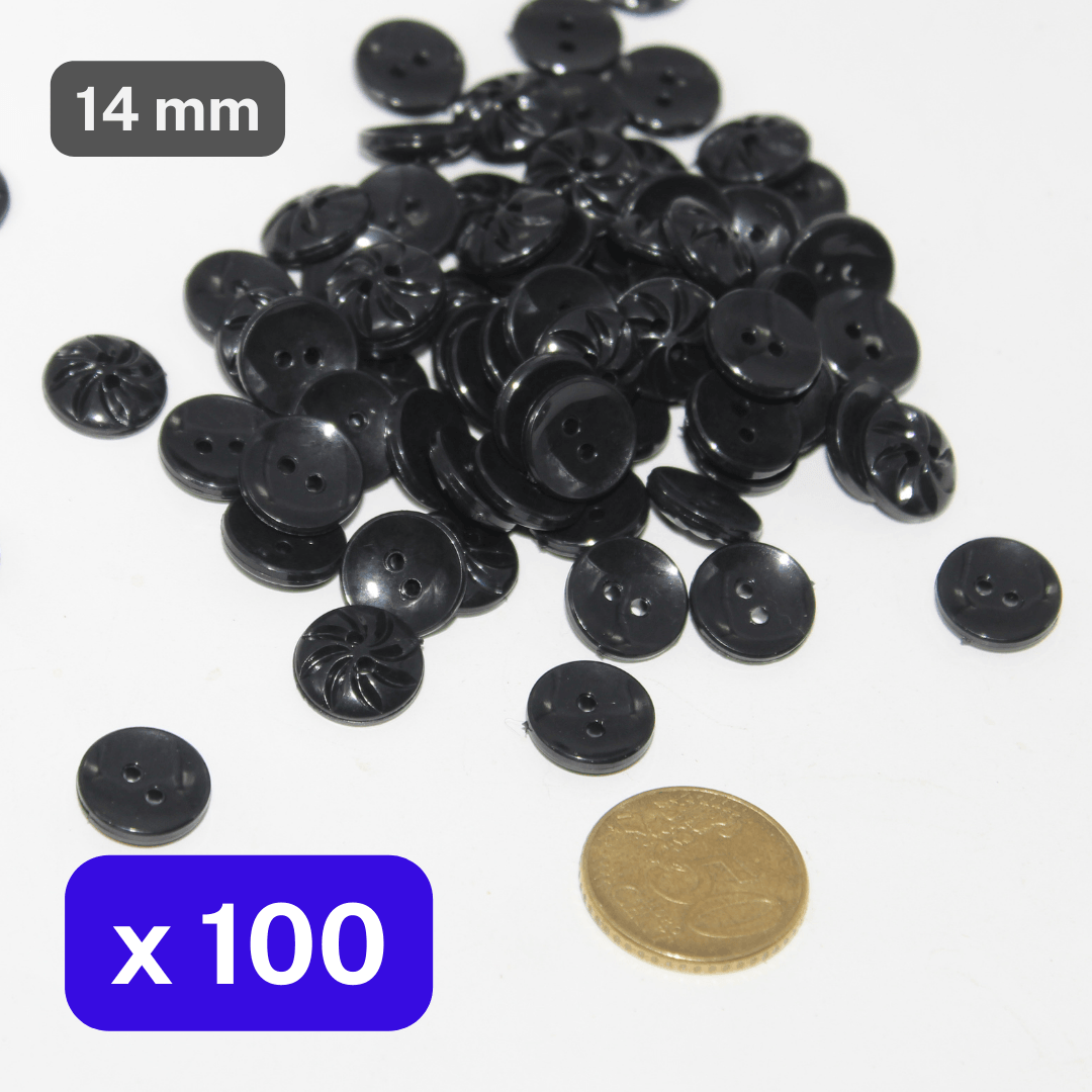 100 Pieces Black Nylon Buttons 2 Holes Size 14MM #KN2500022 - ACCESSOIRES LEDUC BV