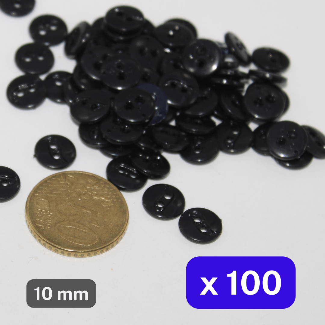 100 Pieces Black Nylon Buttons 2 Holes Size 10MM #KN2500116 - ACCESSOIRES LEDUC BV