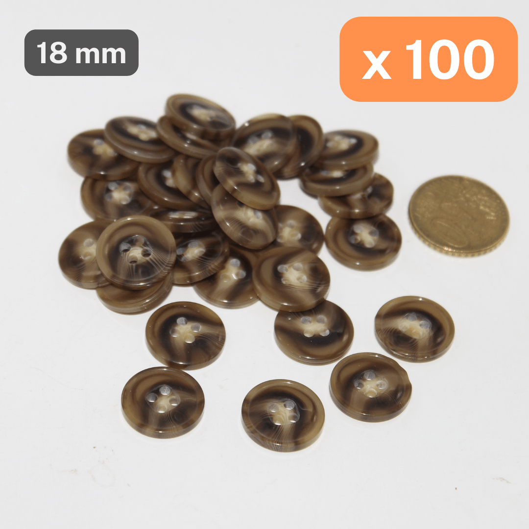 100 Pieces Shiny Beige/Brown Polyester Buttons 4 Holes Size 18mm #KP4501528 - ACCESSOIRES LEDUC BV