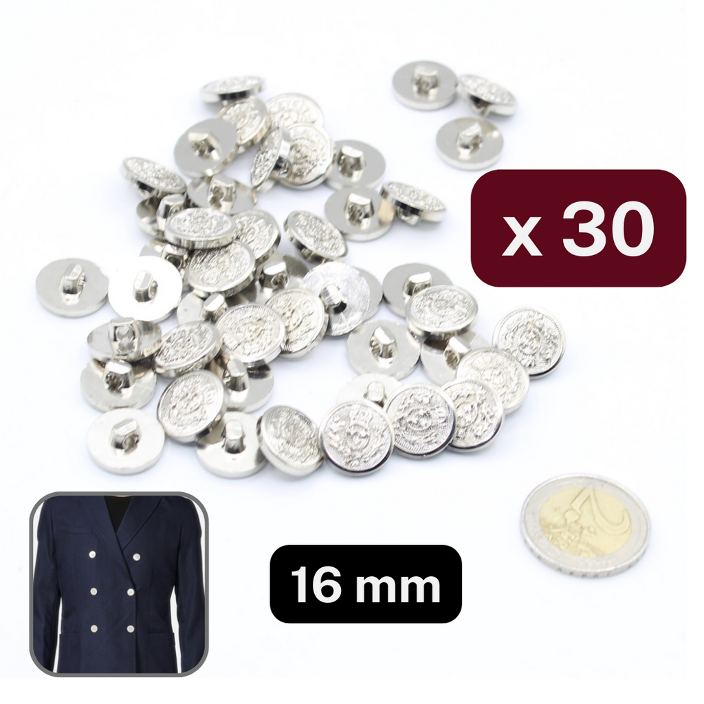 Bottoni militari metallizzati in nylon argento da 30 pezzi misura 16MM #KMQ500224