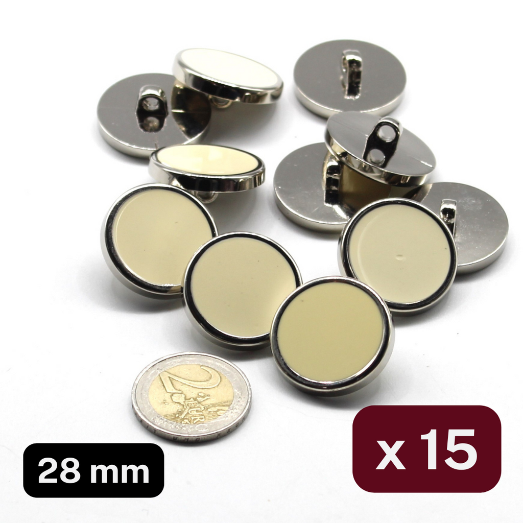 15 Stück beige und silberne Knöpfe innen mit beigem Epoxidrand, silberfarben, Größe 28 mm #KCQ500744