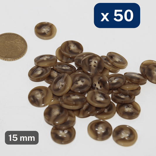 50 Pieces Shiny Brown Polyester Buttons 4 Holes Size 15mm #KP4501524 - ACCESSOIRES LEDUC BV