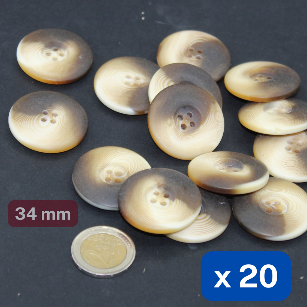 20 boutons en polyester épais marron mat, 4 trous, taille 34 mm, #KP4500954