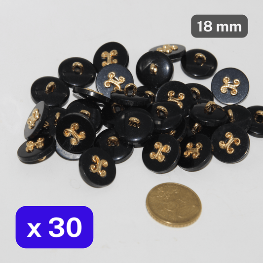 30 Pieces Combined Polyester/Nylon Shank Buttons, Black Rim Insert Gold size 18mm #KCQ501128 - ACCESSOIRES LEDUC BV