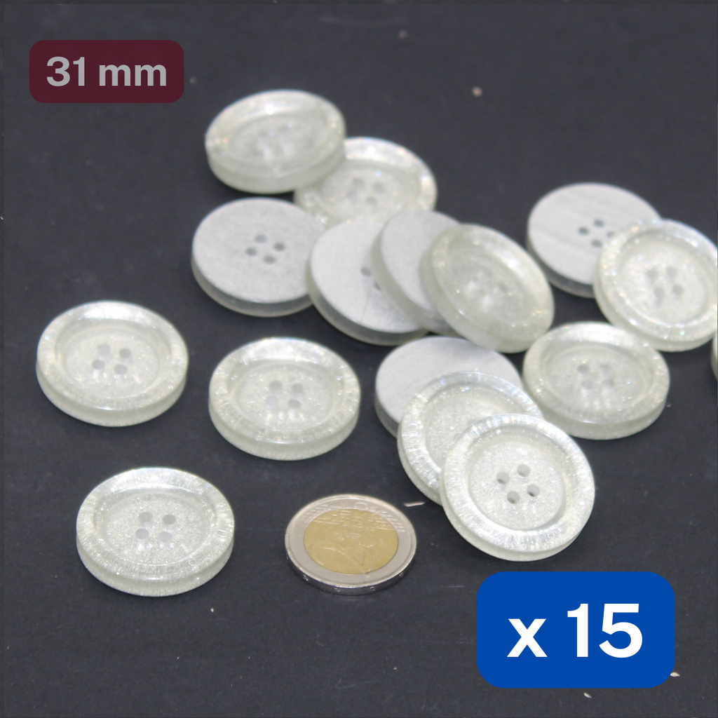 15 boutons en polyester épais et brillants à paillettes, 4 trous, taille 31 mm, #KP4501148