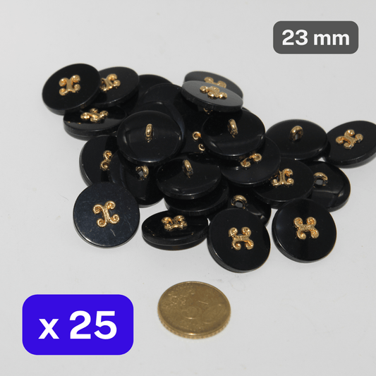 25 Pieces Combined Polyester/Nylon Shank Buttons, Black Rim Insert Gold size 23mm #KCQ5011236 - ACCESSOIRES LEDUC BV