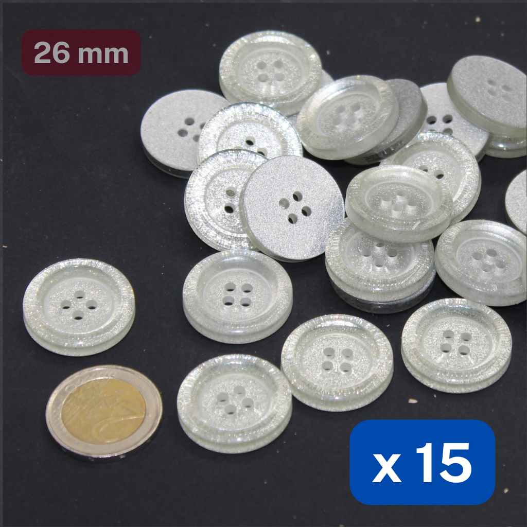 15 boutons en polyester épais et brillants à paillettes, 4 trous, taille 26 mm, #KP4501140
