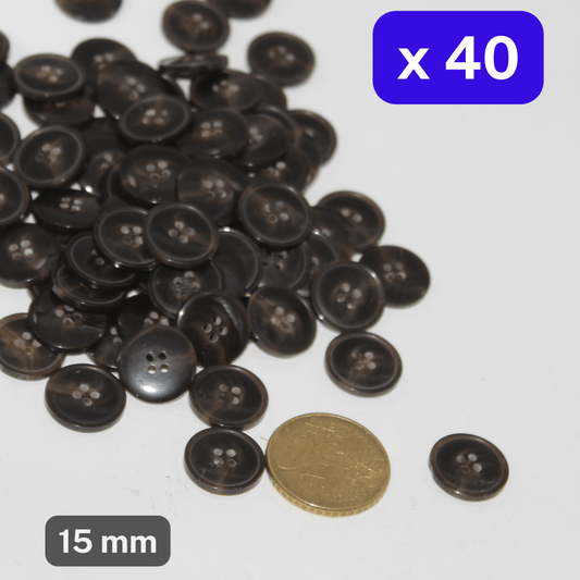 40 Pieces Shiny Brown Polyester Buttons 4 Holes Size 15mm #KP4501724 - ACCESSOIRES LEDUC BV