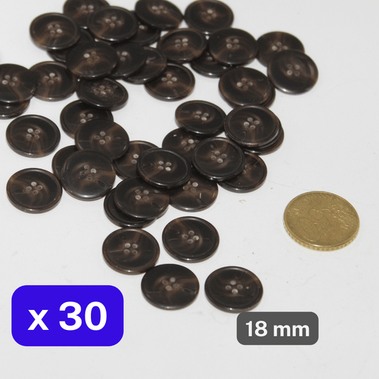 30 Pieces Shiny Brown Polyester Buttons 4 Holes Size 18mm #KP4501728 - ACCESSOIRES LEDUC BV