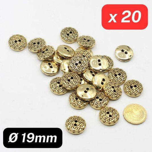 20 Pieces Gold Nylon Metalized 2 Holes Button size 19mm #KM2500330 - ACCESSOIRES LEDUC BV