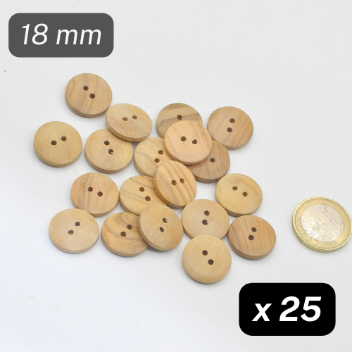 25 boutons en bois naturel, 2 trous, taille 18MM, #KB2500028