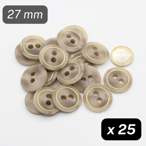 25 boutons en polyester beige + doré, 2 trous, taille 27 mm, #KP2500744