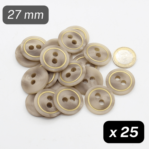 25 Pieces Beige+Gold Polyester Buttons 2 Holes Size 27MM #KP2500744 - ACCESSOIRES LEDUC BV