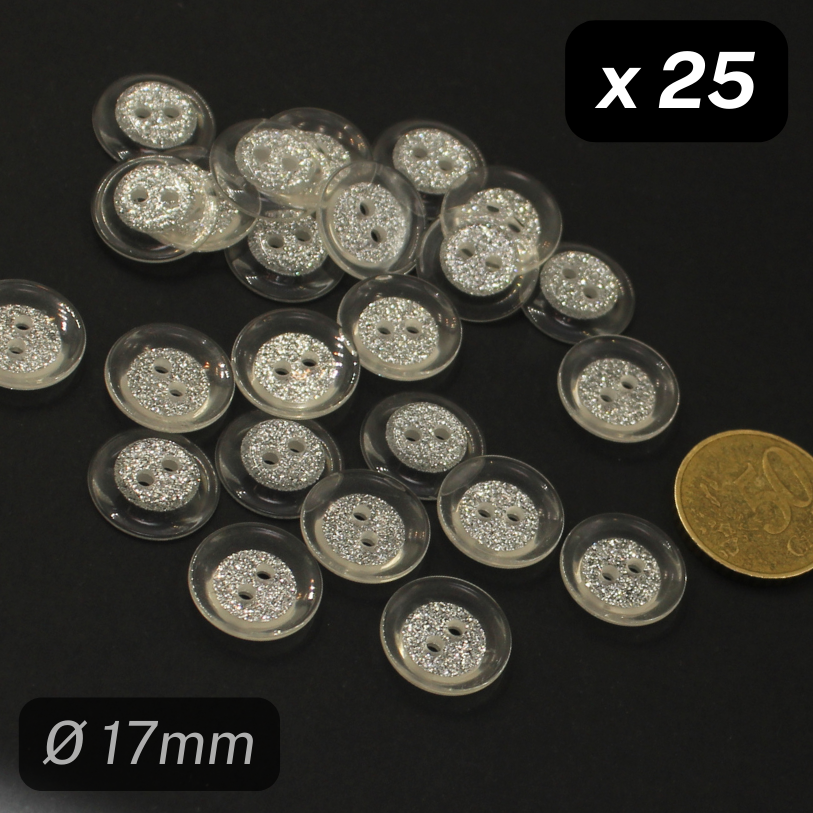 25 Bottoni in Poliestere Trasparente/Argento Misura 17mm #KP2500628