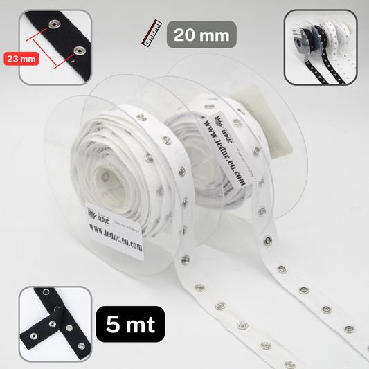 5 meters Cotton Snap Buttons Tape 20mm with spacing of 23mm between the Snaps, available in Black or White