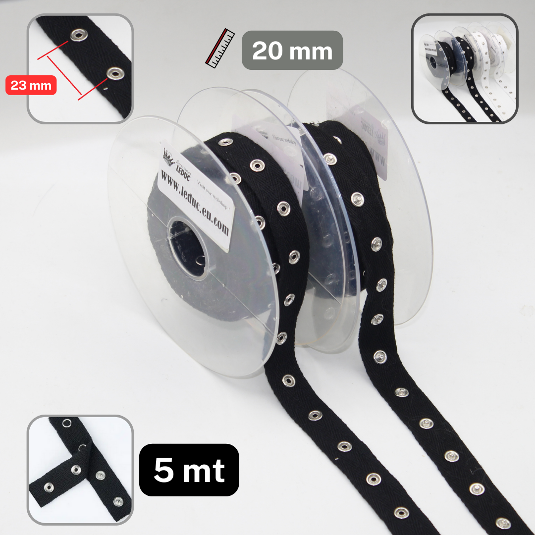 5 meters Cotton Snap Buttons Tape 20mm with spacing of 23mm between the Snaps, available in Black or White