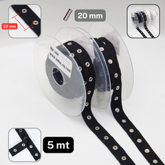 5 meters Cotton Snap Buttons Tape 20mm with spacing of 23mm between the Snaps, available in Black or White - ACCESSOIRES LEDUC BV