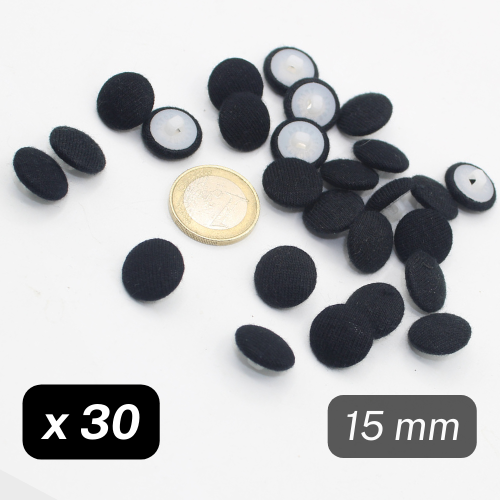 30 stuks met zwarte stof beklede nylon knopen maat 15 mm #KCQ501024