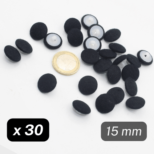 30 Pieces Black Fabric Covered Nylon Buttons Size 15mm #KCQ501024 - ACCESSOIRES LEDUC BV