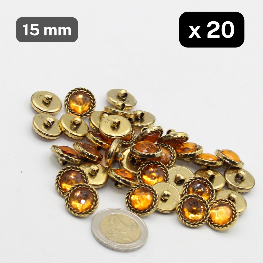 20 Pieces Metallized Nylon Buttons Old Gold Rim Insert Orange Size 15mm #KCQ500124