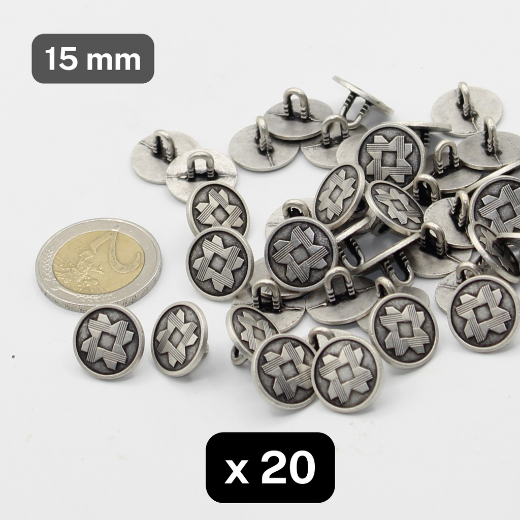 20 Stück altsilberne militärische Zamak-Metallknöpfe mit Schaft, Größe 15 mm #KZQ500124