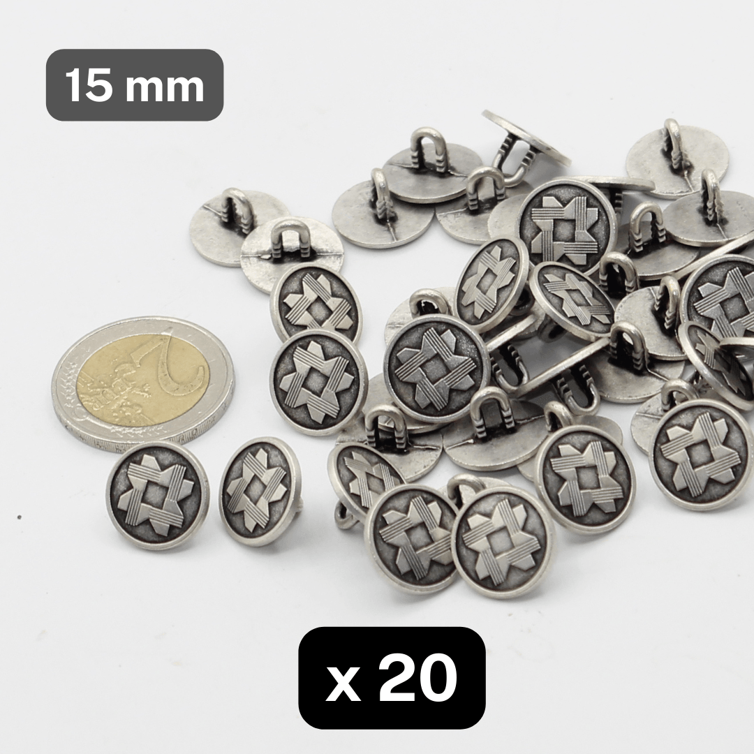 20 Pieces Old Silver Military Zamak Metal Shank Buttons Size 15mm #KZQ500124 - ACCESSOIRES LEDUC BV