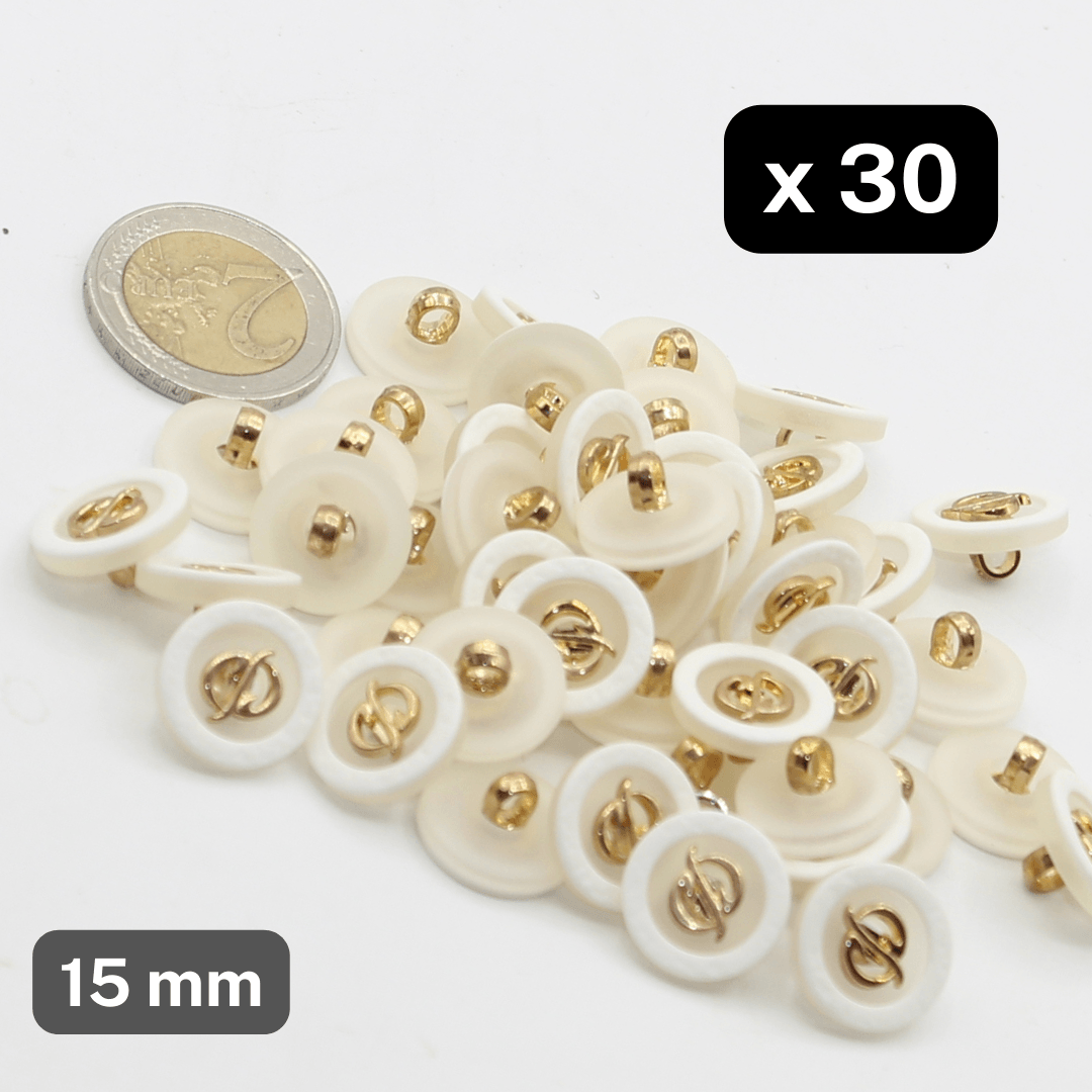 30 Pieces White and Gold Buttons Inside Gold White Rim size 15mm #KCQ500224 - ACCESSOIRES LEDUC BV