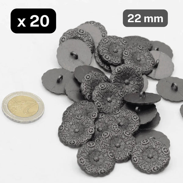 20 Pieces Gun Metal Matt Flower Zamak Metal Shank Buttons Size 23mm #KZQ500236 - ACCESSOIRES LEDUC BV