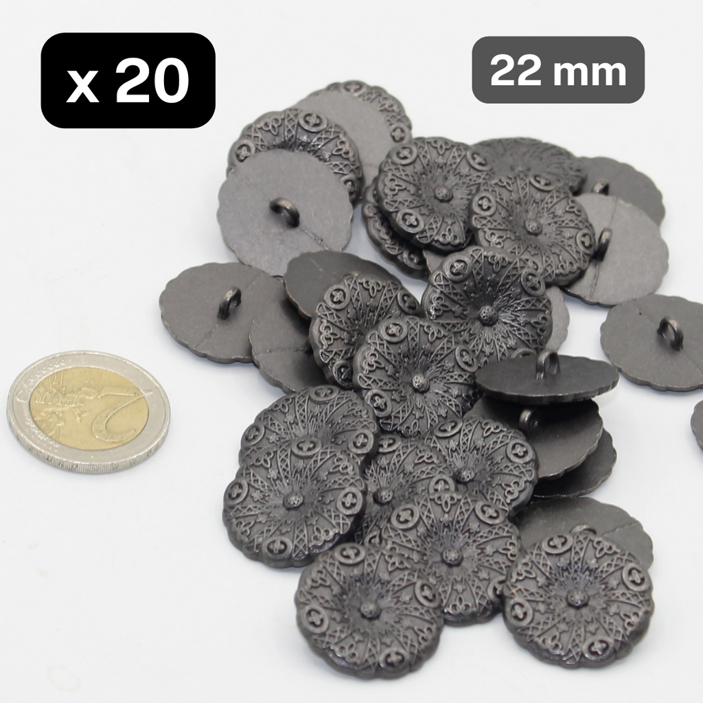 20 piezas Gun Metal Matt Flower Zamak Metal Shank Botones Tamaño 23 mm # KZQ500236