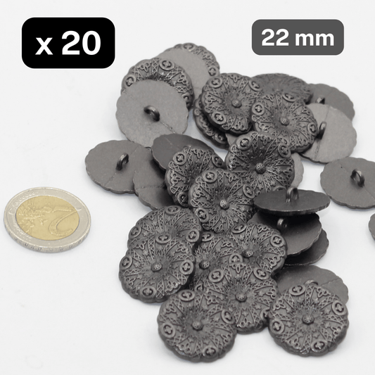 20 Pieces Gun Metal Matt Flower Zamak Metal Shank Buttons Size 23mm #KZQ500236 - ACCESSOIRES LEDUC BV