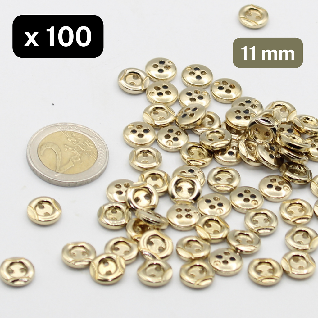 100 Stück goldfarbener, metallisierter Nylon-Knopf mit 2 Löchern, Größe 11 mm #KM2500018