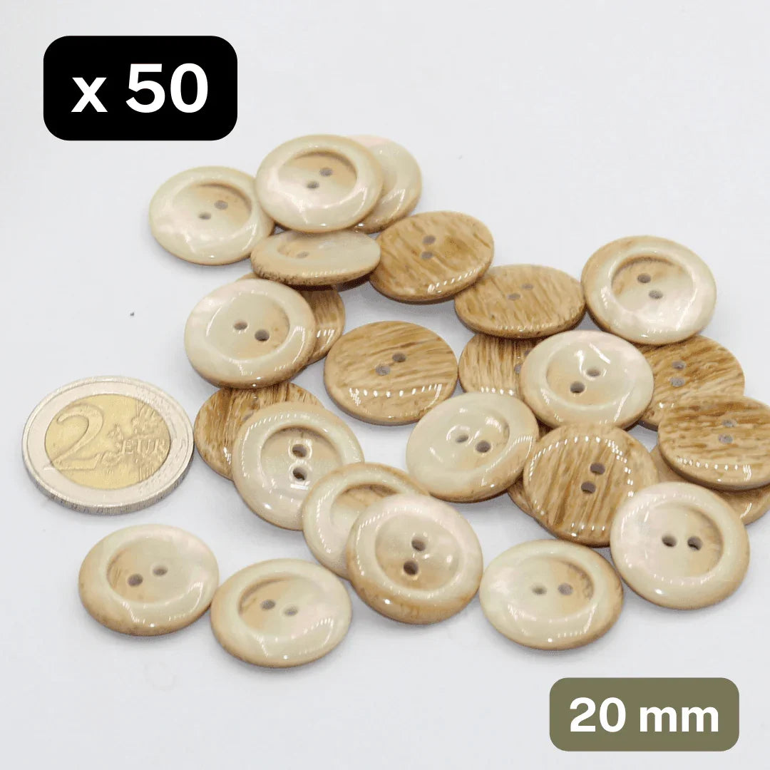 50 Pieces Beige Polyester Buttons 2 Holes Size 20MM #KP2500032 - ACCESSOIRES LEDUC BV