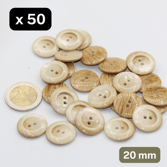 50 Pieces Beige Polyester Buttons 2 Holes Size 20MM #KP2500032 - ACCESSOIRES LEDUC BV