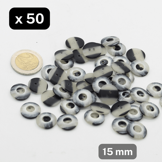 50 Pieces Grey Polyester Buttons 2 Holes Size 15MM #KP2500124 - ACCESSOIRES LEDUC BV