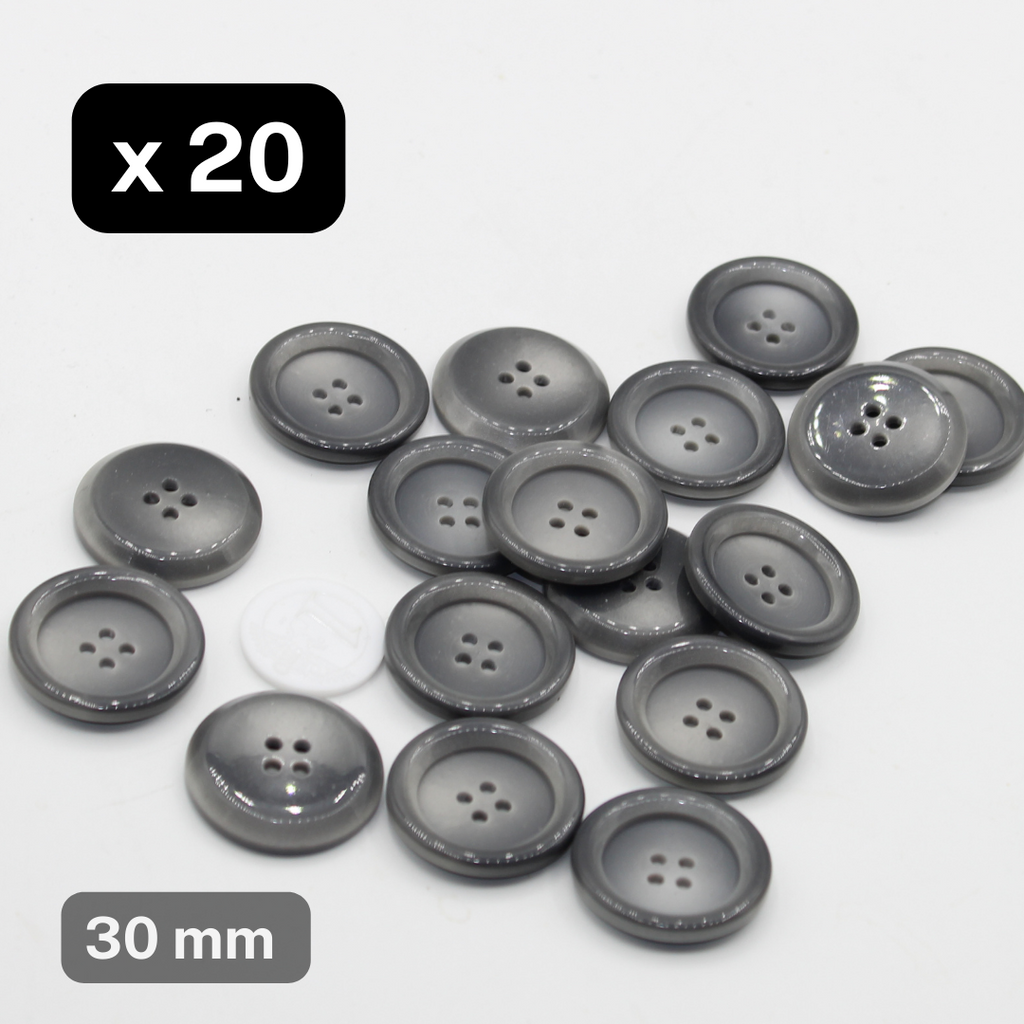 20 boutons en polyester gris, 4 trous, taille 30 mm, #KP4500048