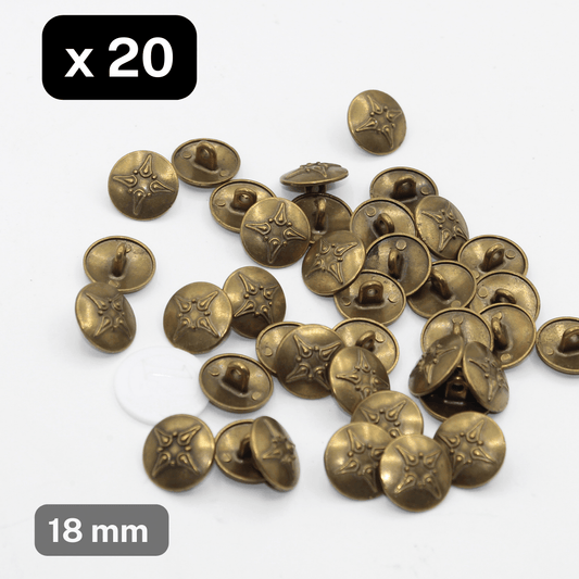 20 Pieces Old Brass Military Zamak Metal Shank Buttons Size 18mm #KZQ500028 - ACCESSOIRES LEDUC BV