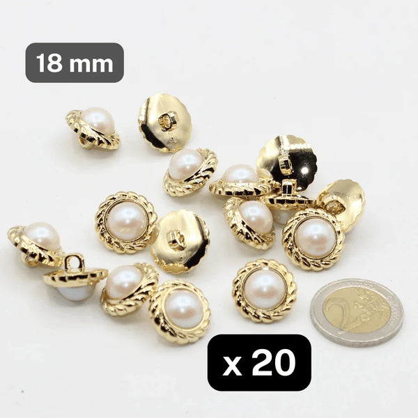 20 Pieces White and Gold Button Inside Imitation Pearl Large Gold Rim size 18mm #KCQ500028 - ACCESSOIRES LEDUC BV