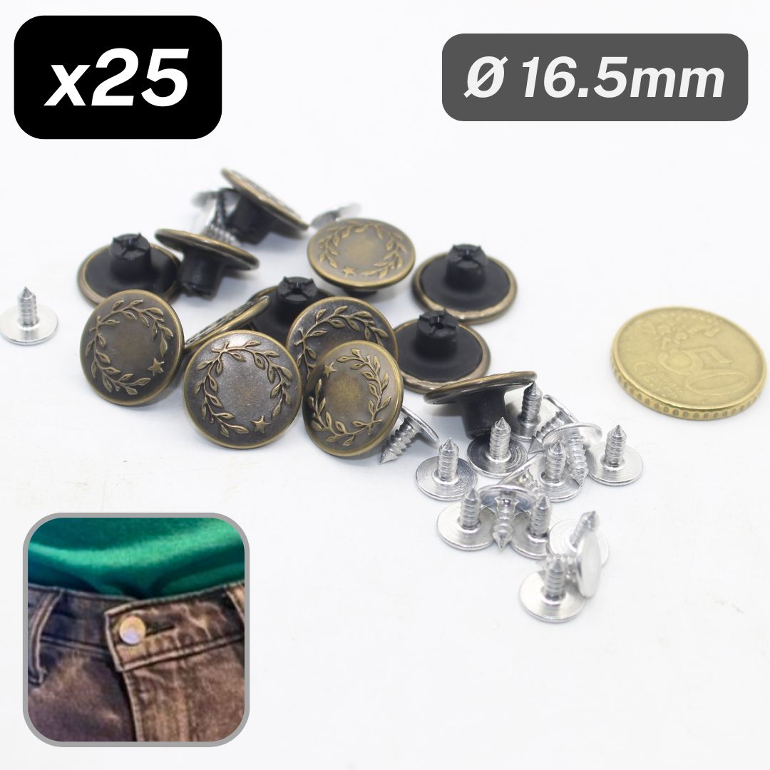 25 Pieces Silver Jeans Buttons  size 16,5mm + nail, 4 different designs available, ref #KJE5000/16,5mm