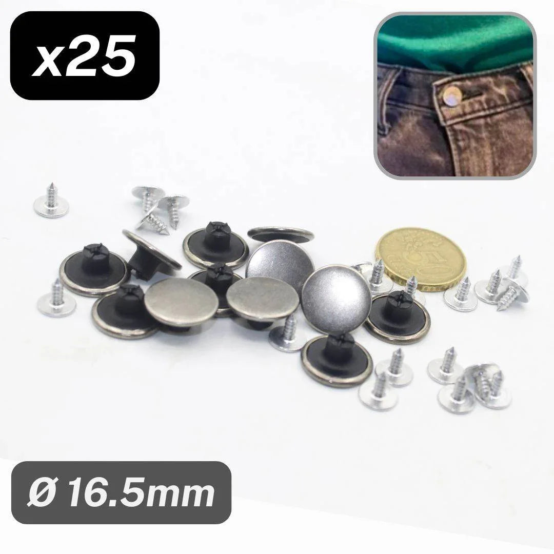25 Pieces Silver Jeans Buttons size 16,5mm + nail, 4 different designs available, ref #KJE5000/16,5mm - ACCESSOIRES LEDUC BV