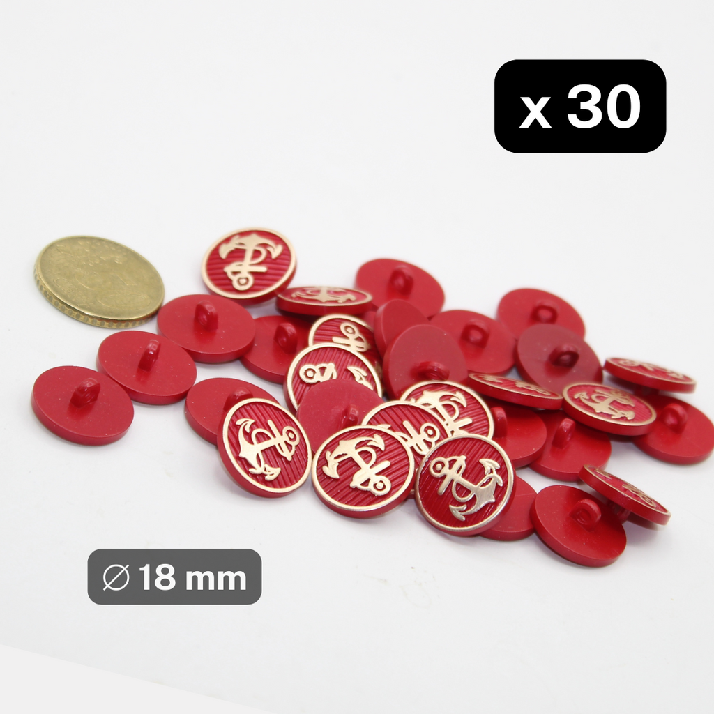 30 stuks rood + goud nylon schachtknoppen marinestijl maat 18 mm #KNQ500028