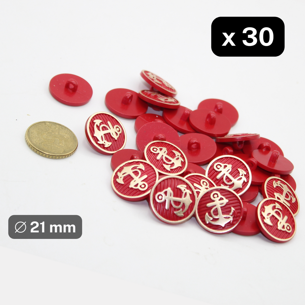 30 boutons à tige en nylon rouge et doré, style marine, taille 21mm #KNQ500032