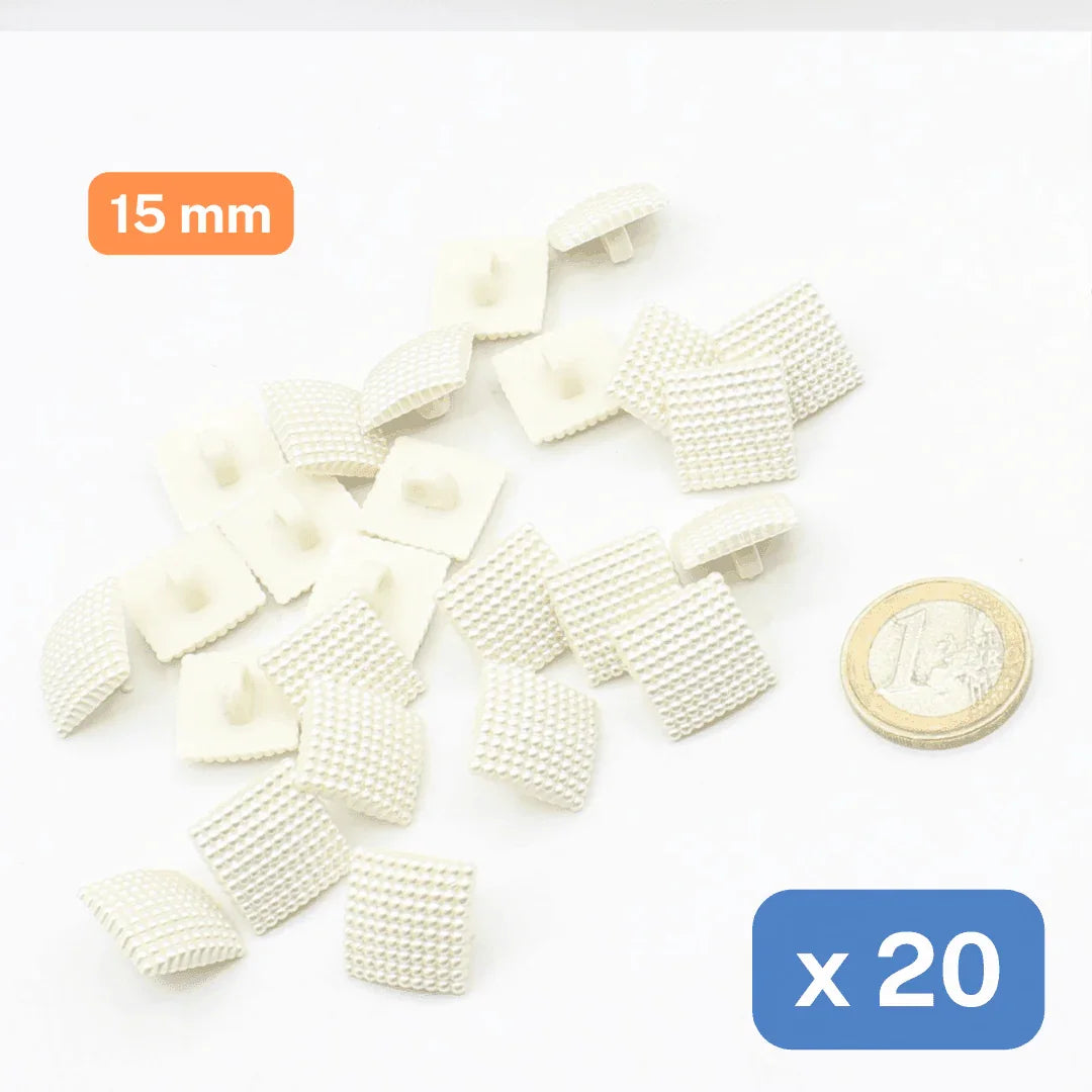 20 Ivory-coloured Square NYLON Buttons, Imitation pearls, 15mm - ACCESSOIRES LEDUC BV