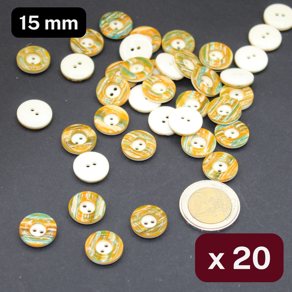 20 boutons en polyester orange/vert taille 15 mm #KP2500524