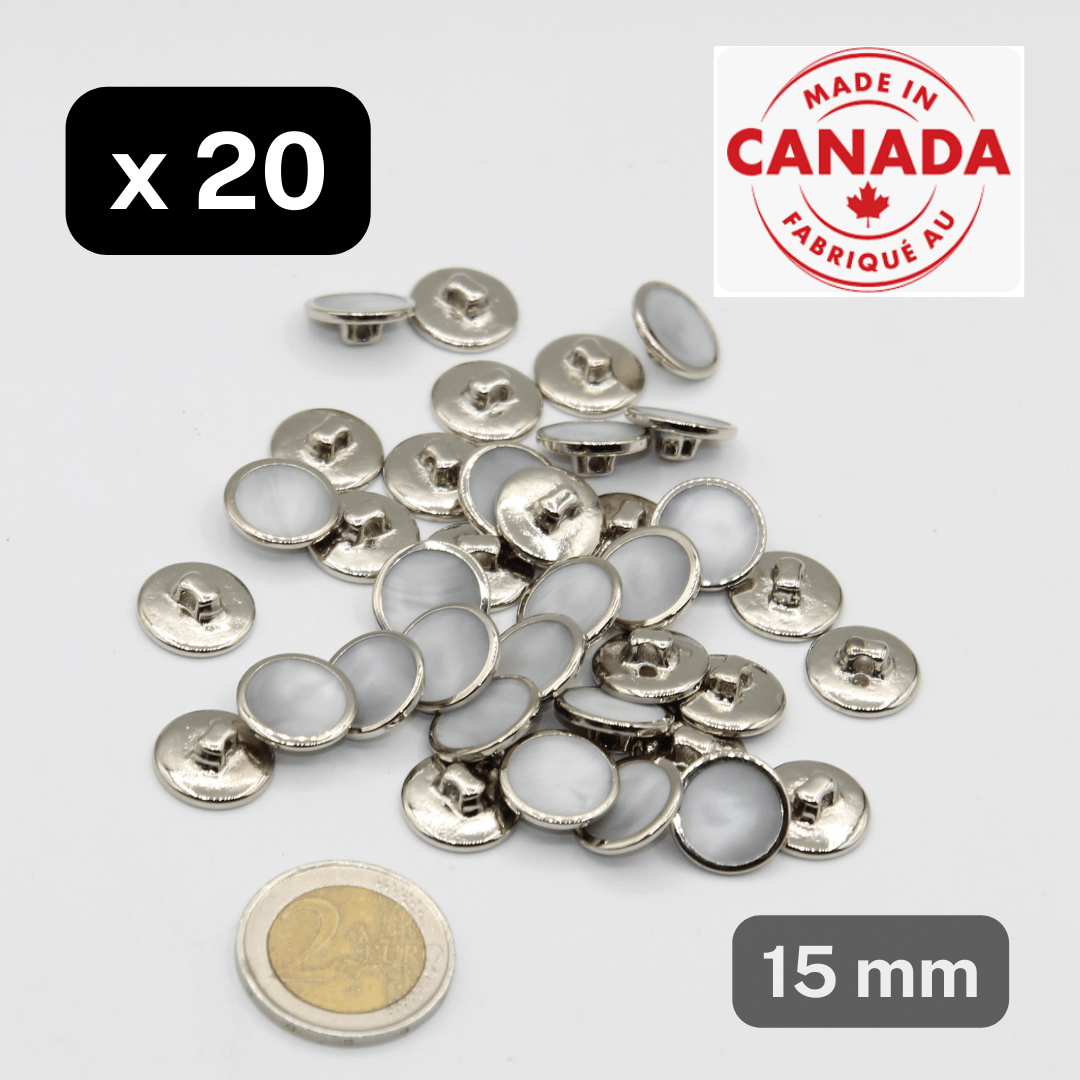 20 Pieces Silver Zamak Buttons Grey Imitation Shell Insert Size 15mm #KCQ500824 - ACCESSOIRES LEDUC BV