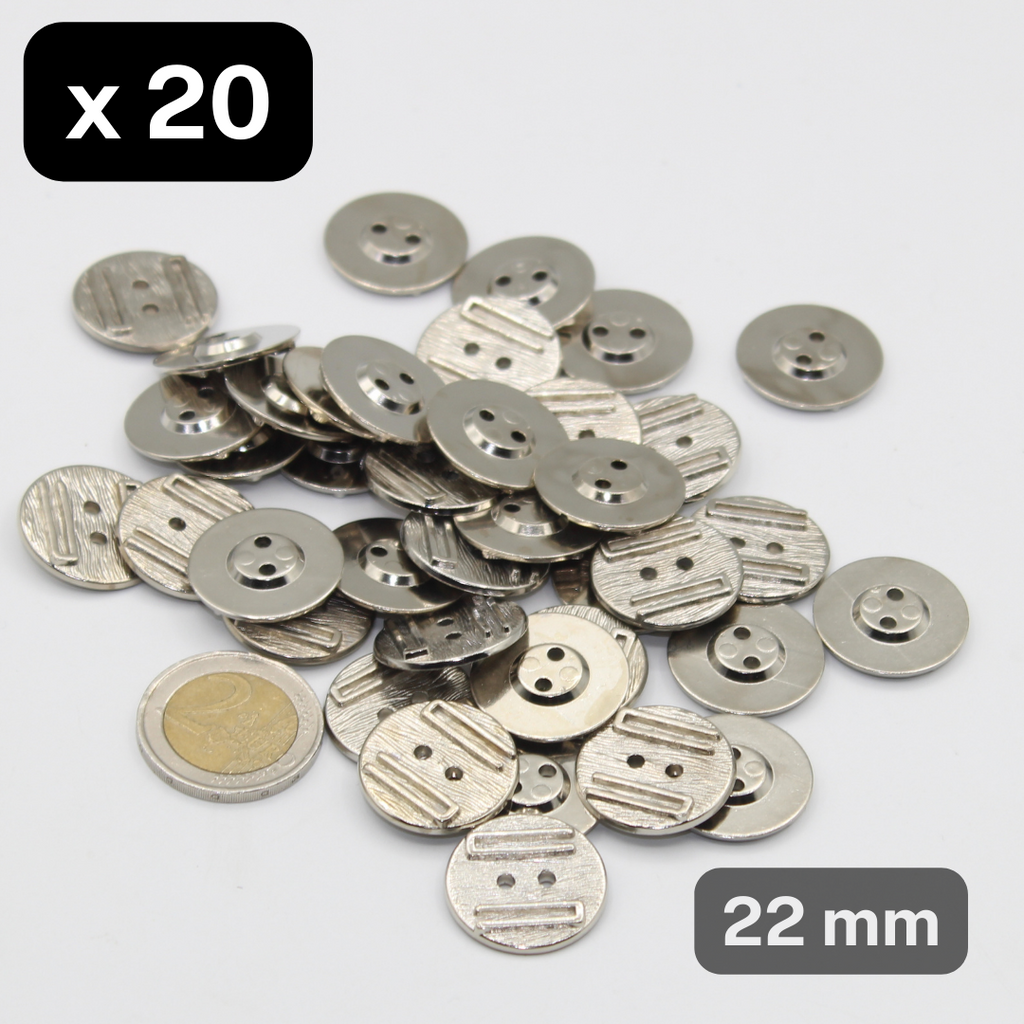 20 Stück silberfarbener, metallisierter Nylon-Knopf mit 2 Löchern, Größe 22 mm #KM2500136