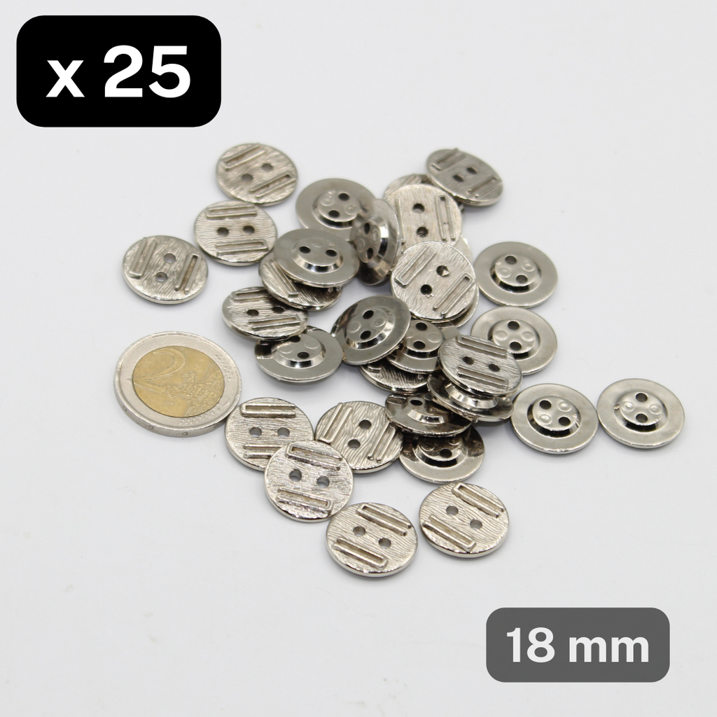 25 Stück silberfarbener, metallisierter Nylon-Knopf mit 2 Löchern, Größe 18 mm #KM2500128