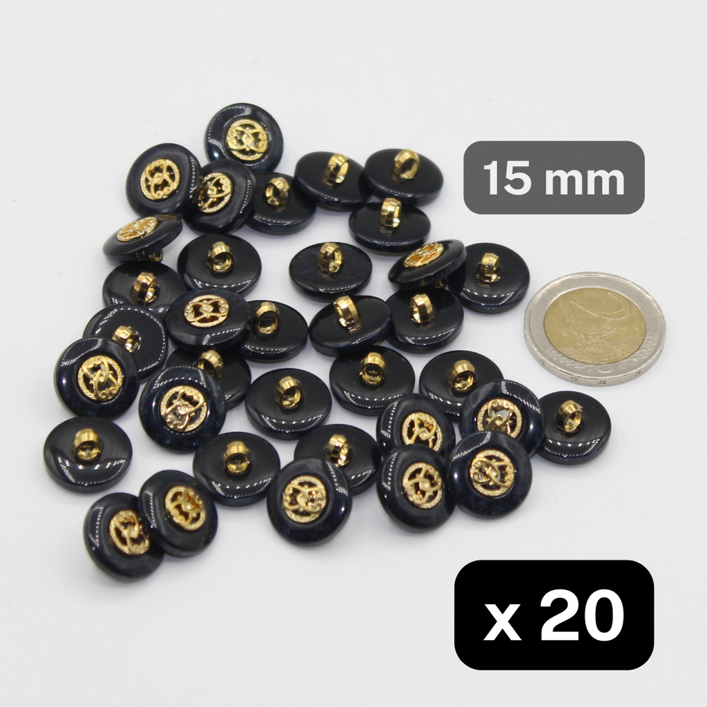 20 piezas de botones de poliéster metalizado con borde azul marino, inserto dorado, tamaño 15 mm # KCQ500924