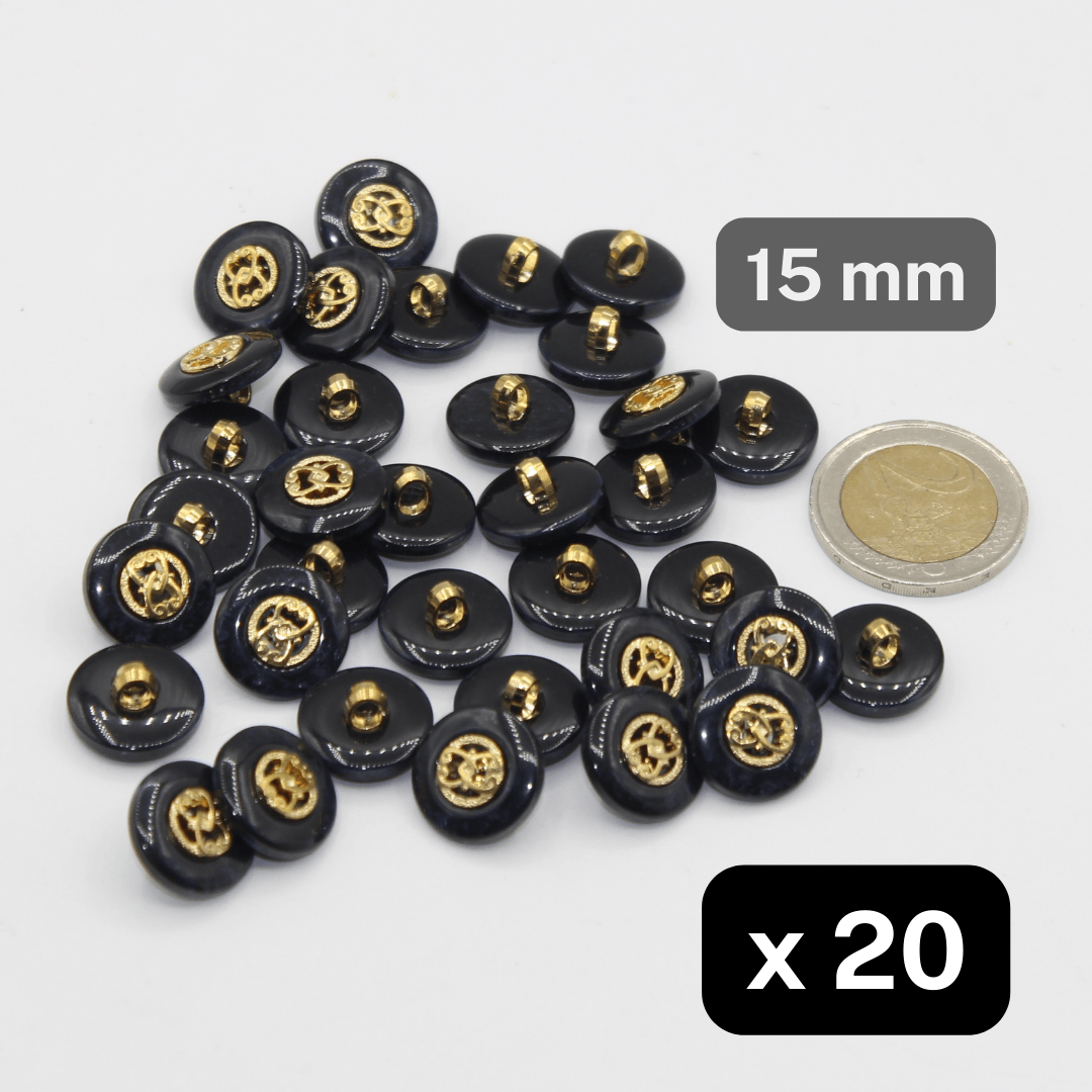 20 Pieces Metallized Polyester Buttons Navy Rim Insert Gold Size 15mm #KCQ500924 - ACCESSOIRES LEDUC BV
