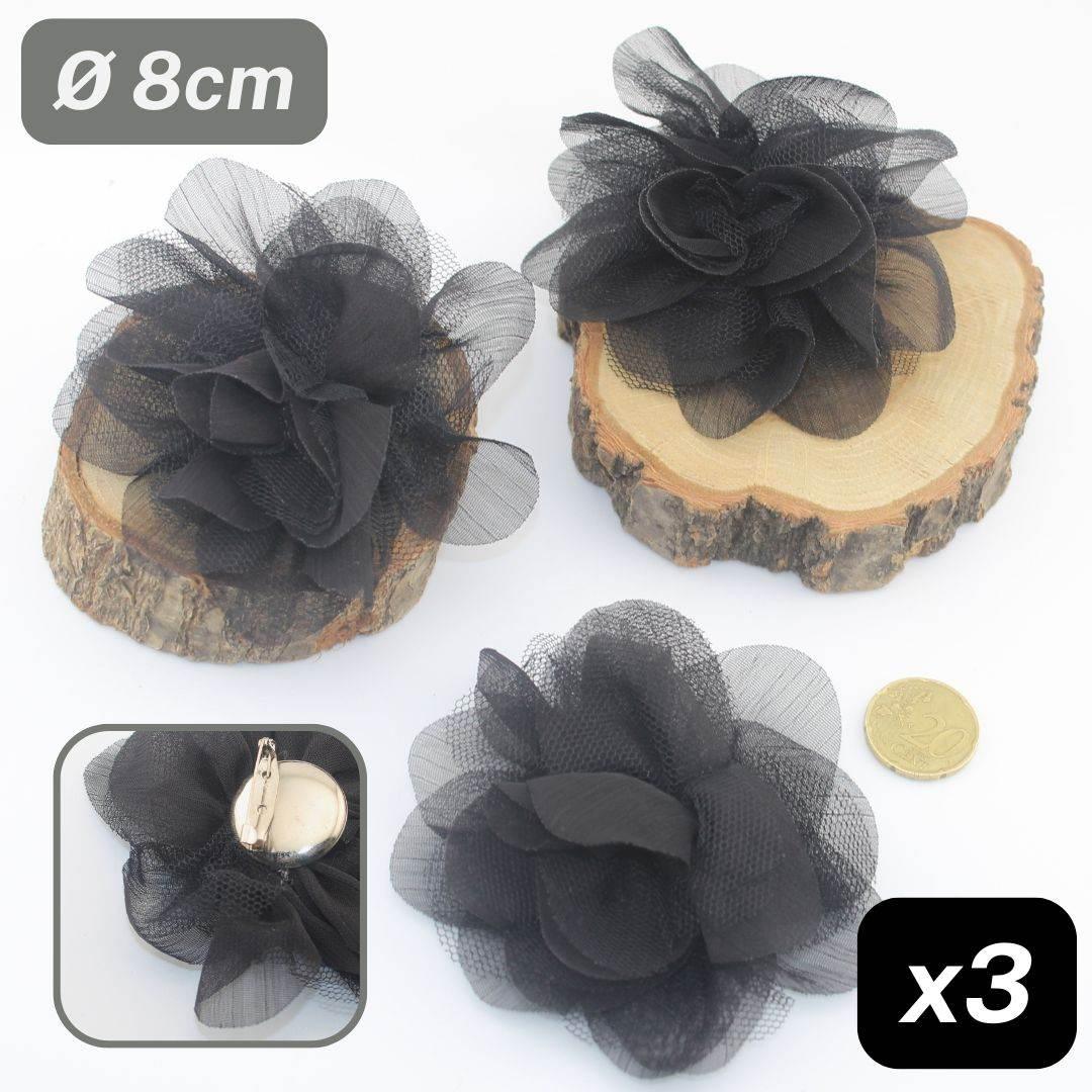 Set of 3 Black Organza Flowers Brooches/Corsages with Safety Pin - ACCESSOIRES LEDUC BV